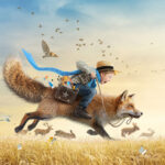 A boy riding a fox in a field.