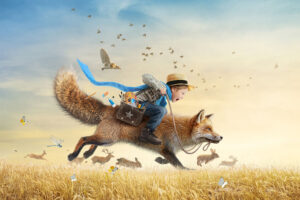 A boy riding a fox in a field.