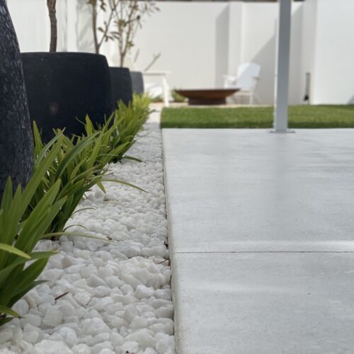 A garden with white rocks and plants.